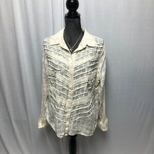 Faded Glory Blouse Womens 16W Cream Button Up Sheer Mitered Shirt NEW